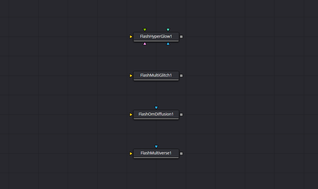 Fusion node graph with HyperGlow, MultiGlitch, OmDiffusion and Multiverse