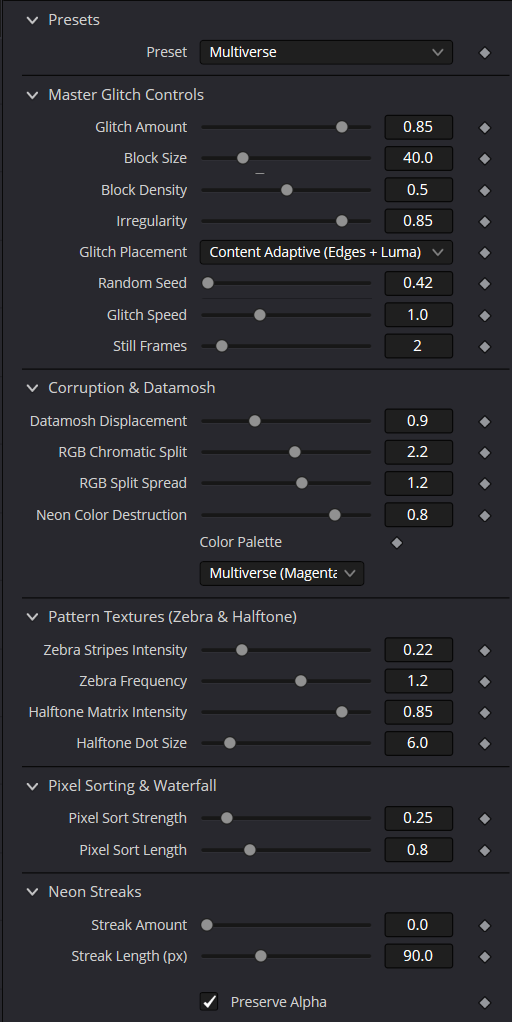 MultiGlitch controls in DaVinci Resolve
